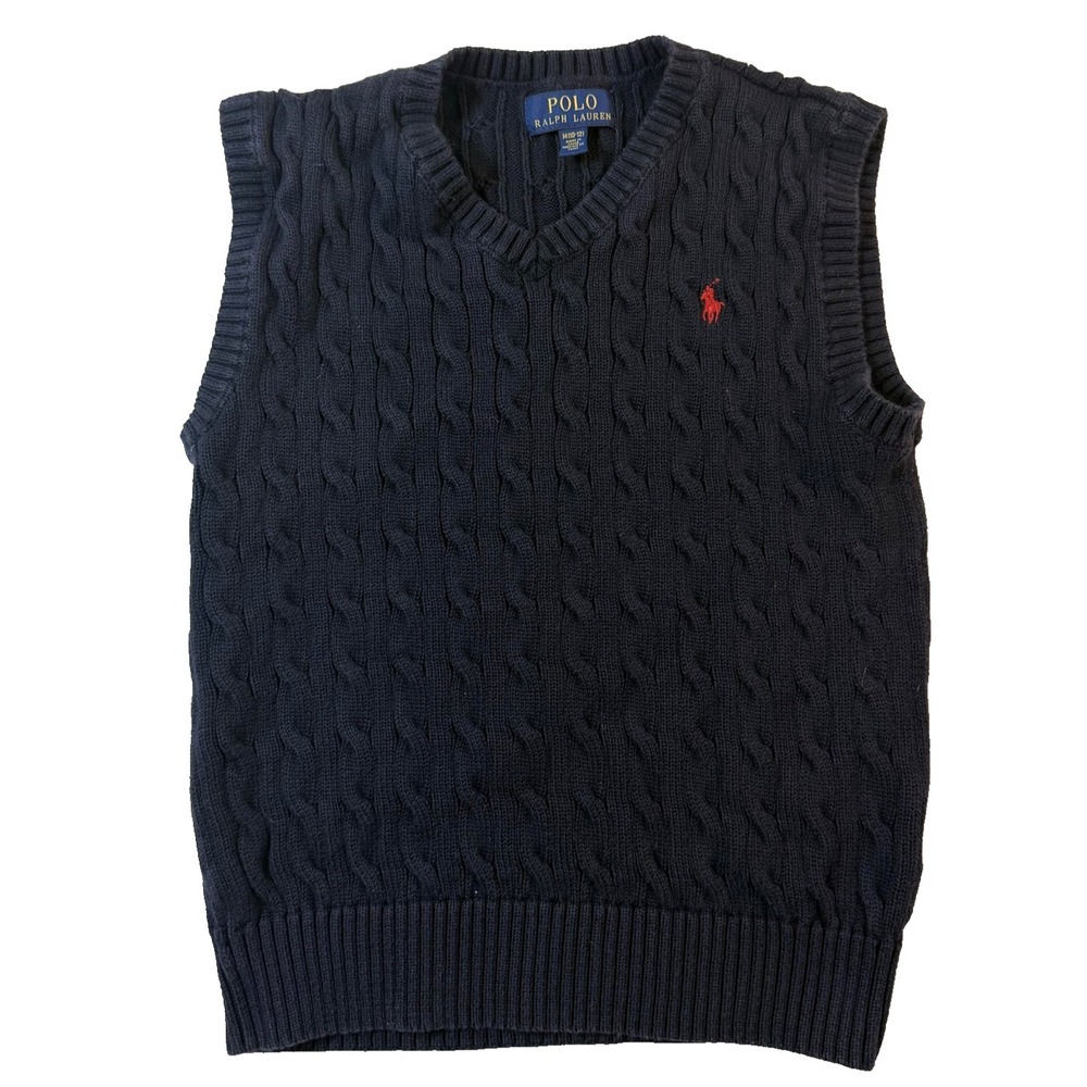 Polo Ralph Lauren Sweater Vest Boys 10-12 Blue Cable Knit V Neck Pony Preppy